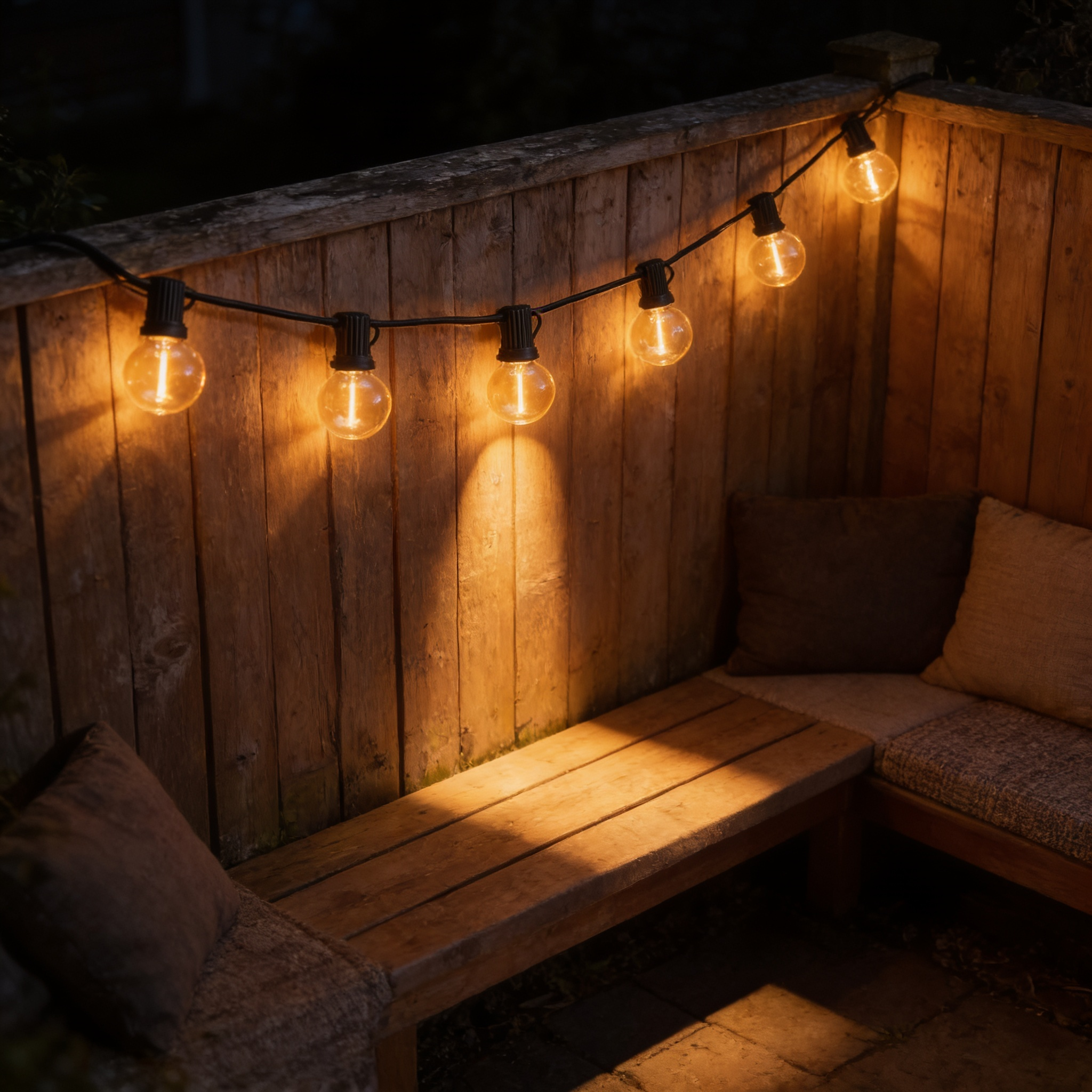 Festoon lights along a timber garden fence above a corner bench with cushions at night