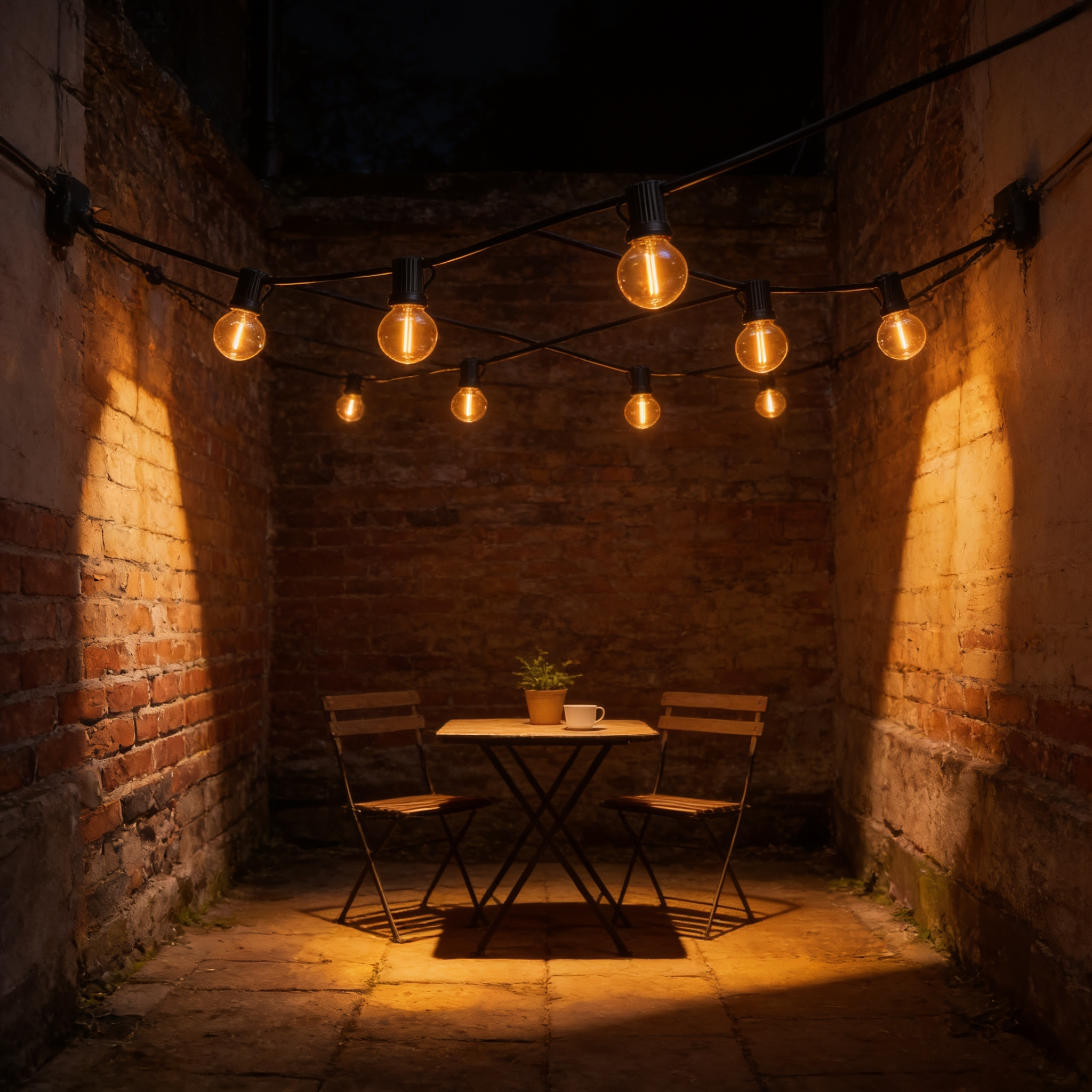 Festoon lights zigzagged overhead across a small brick courtyard with a bistro table at night