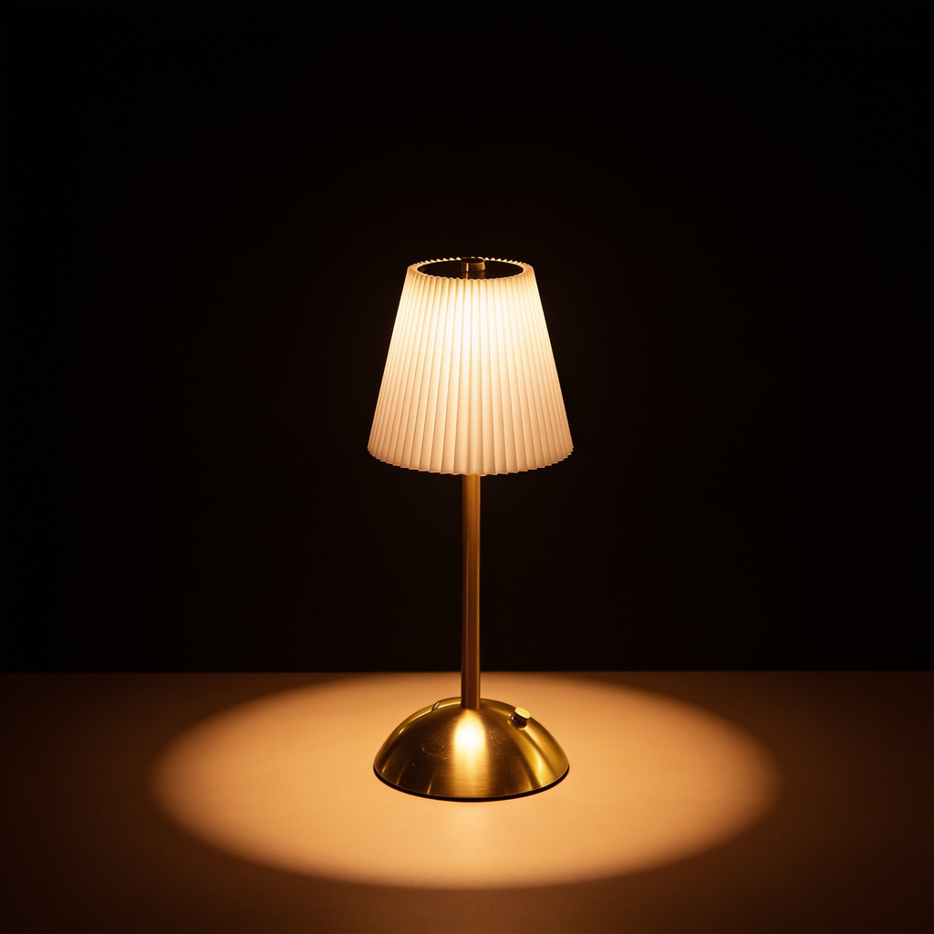 Pleated white fabric shade, brushed brass stem and domed brass base of the cordless table lamp, lit against black
