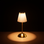 Pleated white fabric shade, brushed brass stem and domed brass base of the cordless table lamp, lit against black