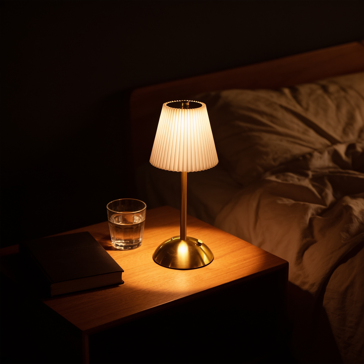 Cordless pleated table lamp on a bedside table beside a book and a glass of water, warm light across the linen