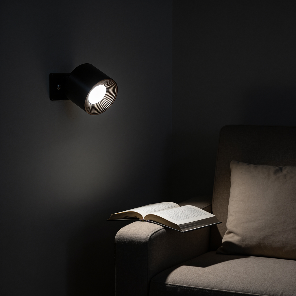 Cordless puck wall light above a reading armchair, neutral white light on an open paperback