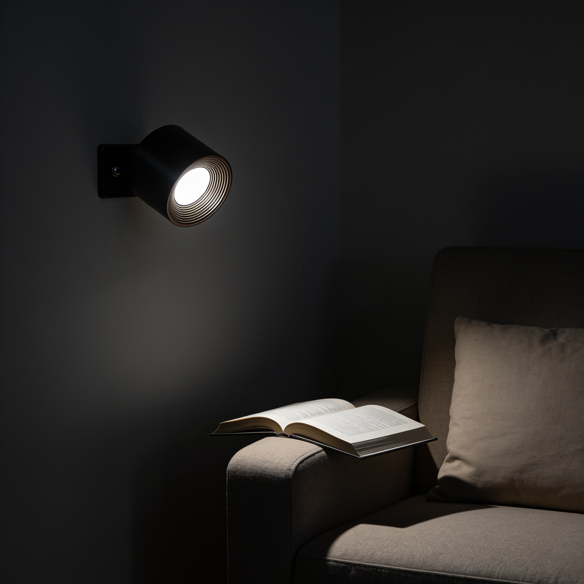 Cordless puck wall light above a reading armchair, neutral white light on an open paperback