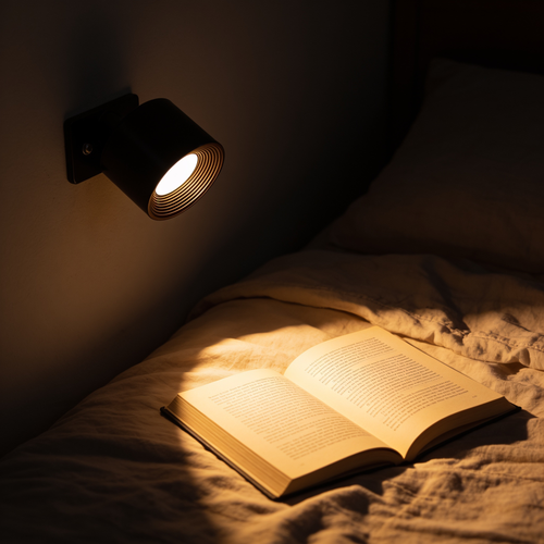 Cordless black puck wall light mounted beside a bed, warm light angled down onto an open book on the duvet