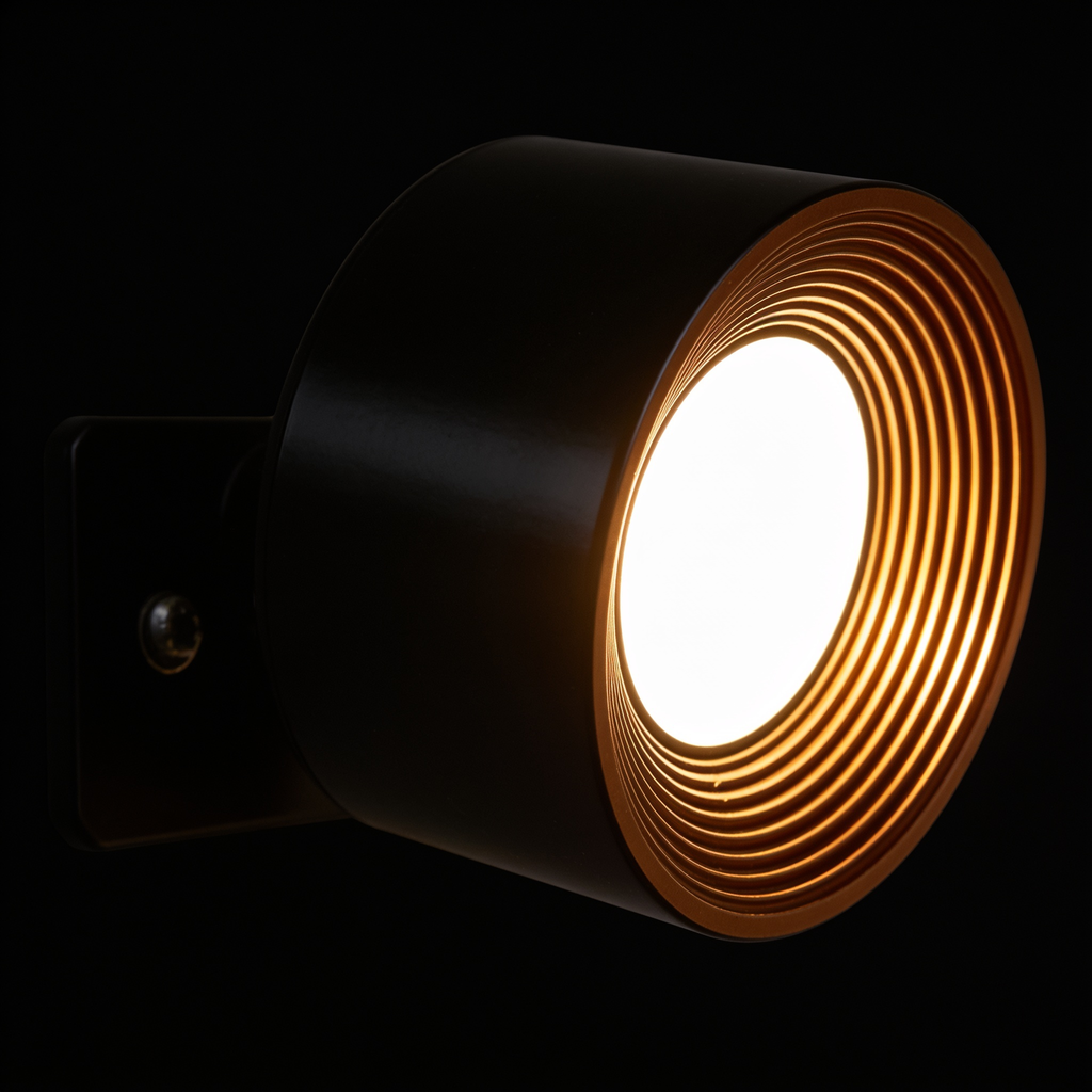 Close detail of the white diffuser ringed by concentric bronze-gold fins on the glossy black wall light