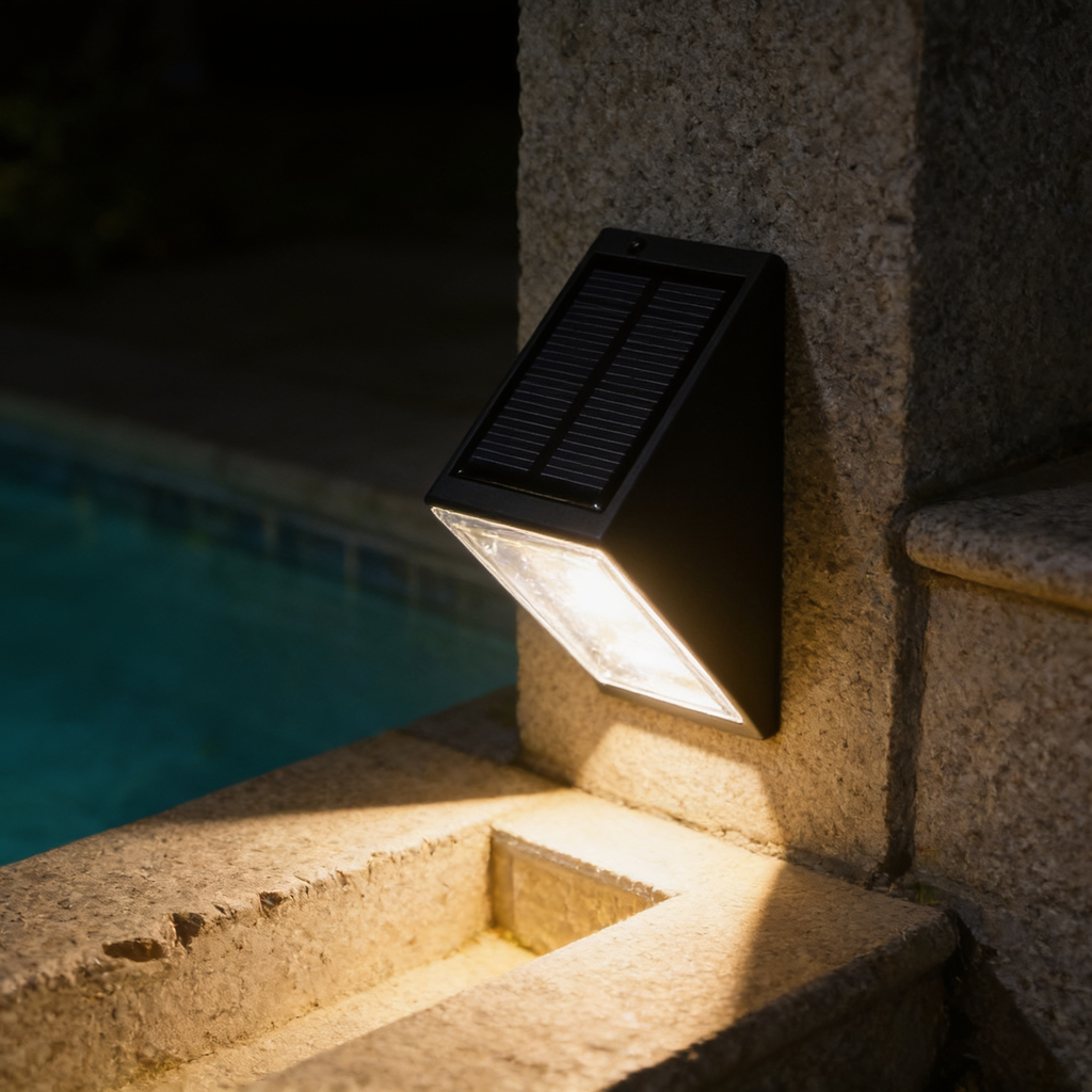 Close view of a solar step light mounted on a stone step, solar panel on top and trapezoid lens washing light downwards