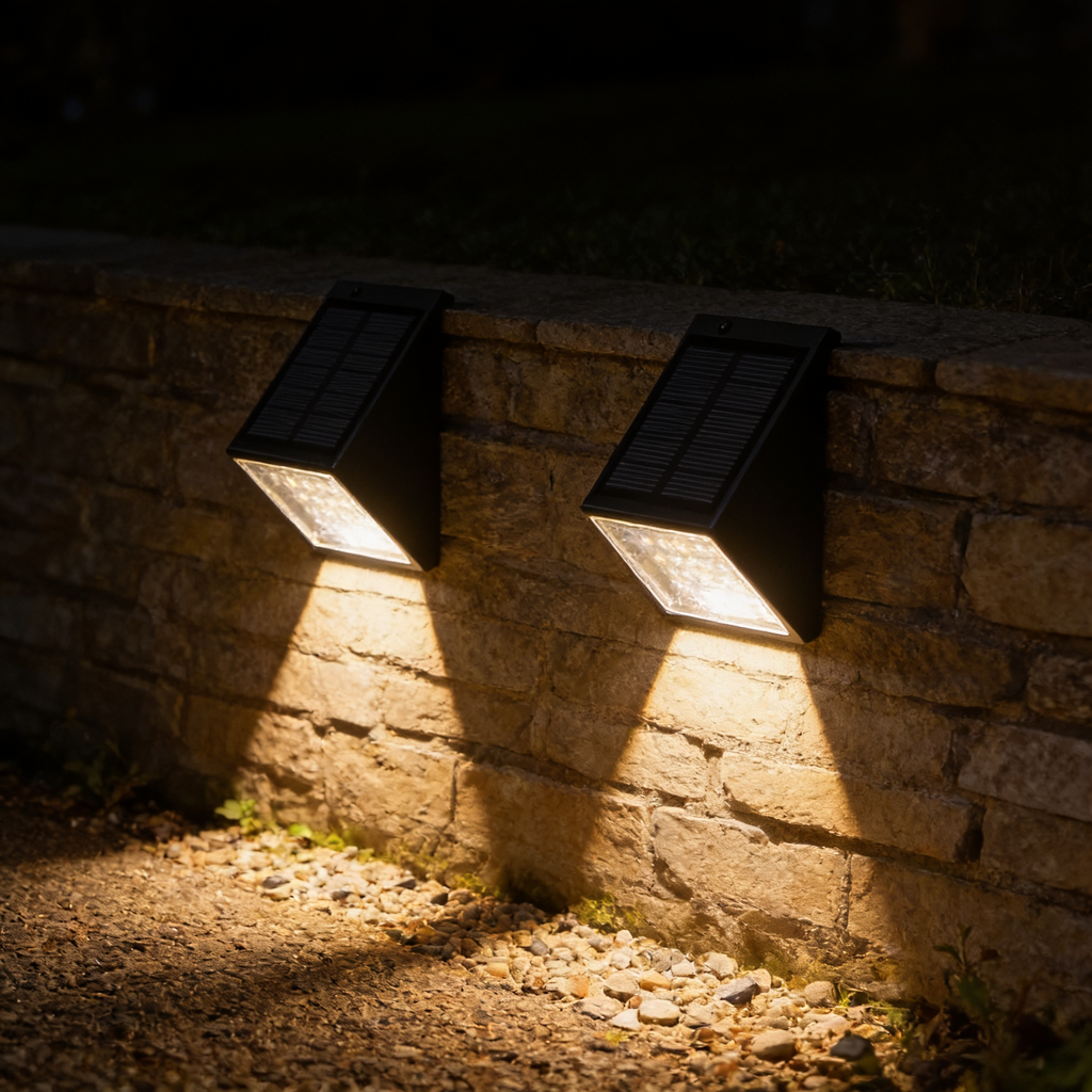 Two solar step lights on a low coursed stone garden wall, warm triangular washes down the stonework onto gravel