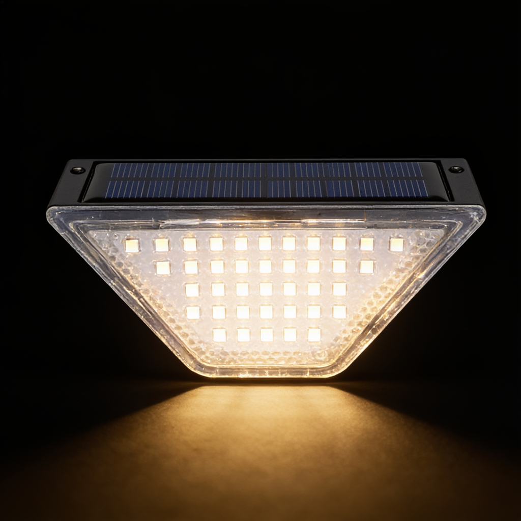 Single solar step light on black, showing the polysilicon panel and the trapezoid lens packed with 24 warm white LEDs