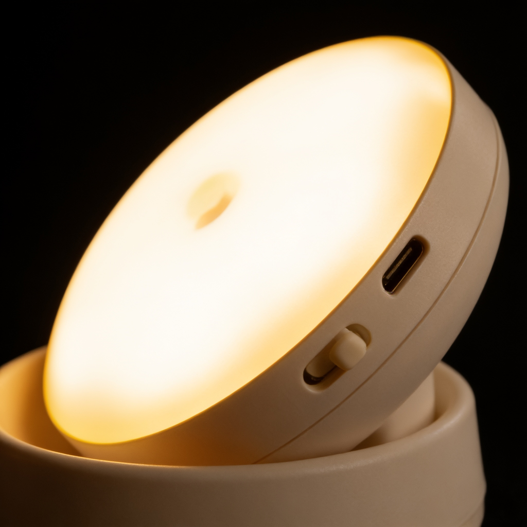 Close detail of the USB-C charging port and the auto, on and off slide switch on the rim of the night light