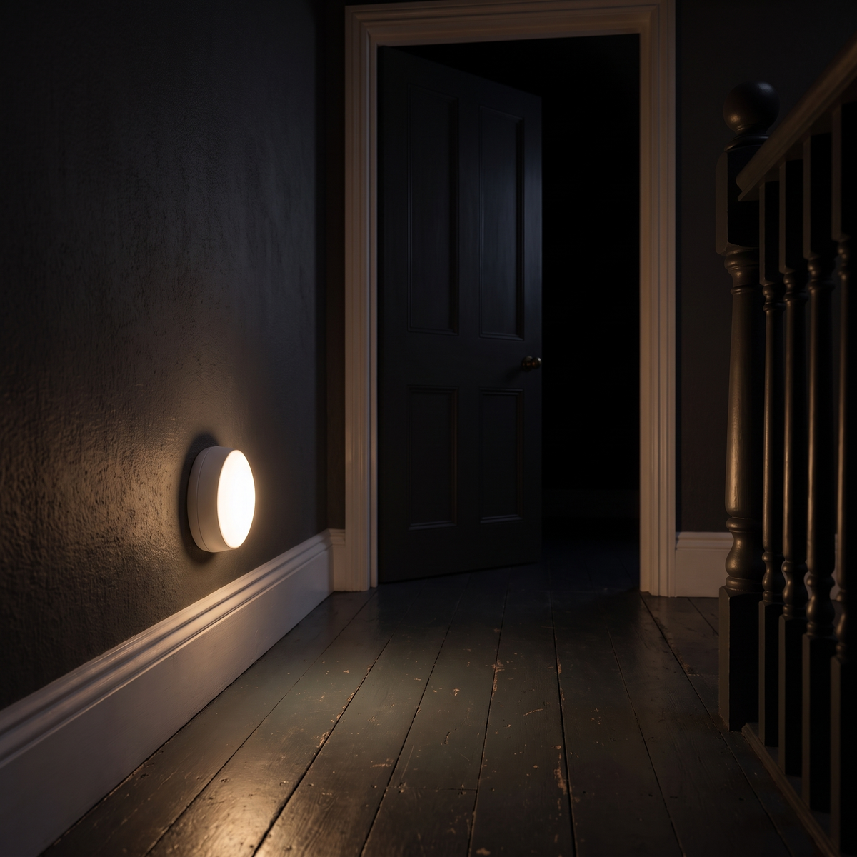 The Pebble night light mounted low on a landing wall at night, lighting the floorboards outside a bedroom door