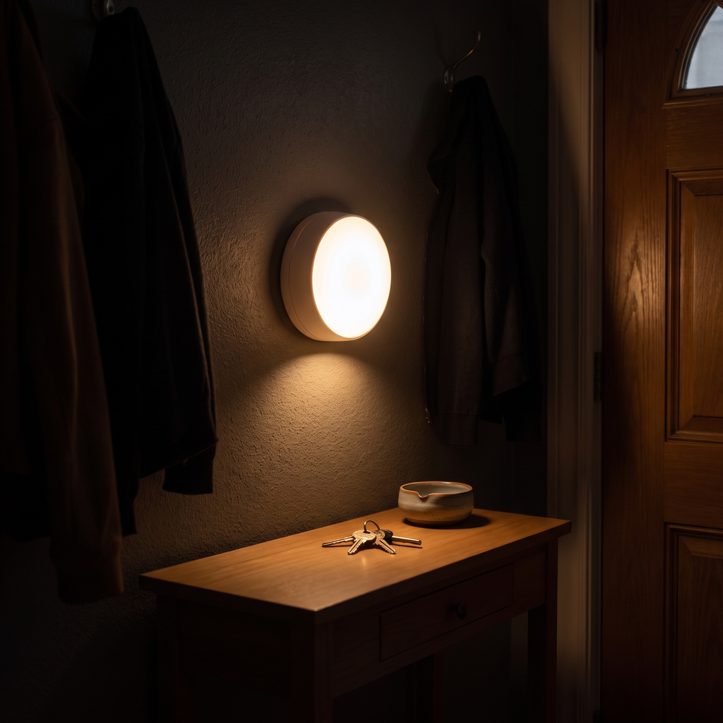 The Pebble night light on an entryway wall, lighting keys and a dish on a console table by the front door