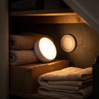 The Pebble night light lifted off its wall base, lighting towels on a shelf in an understairs cupboard