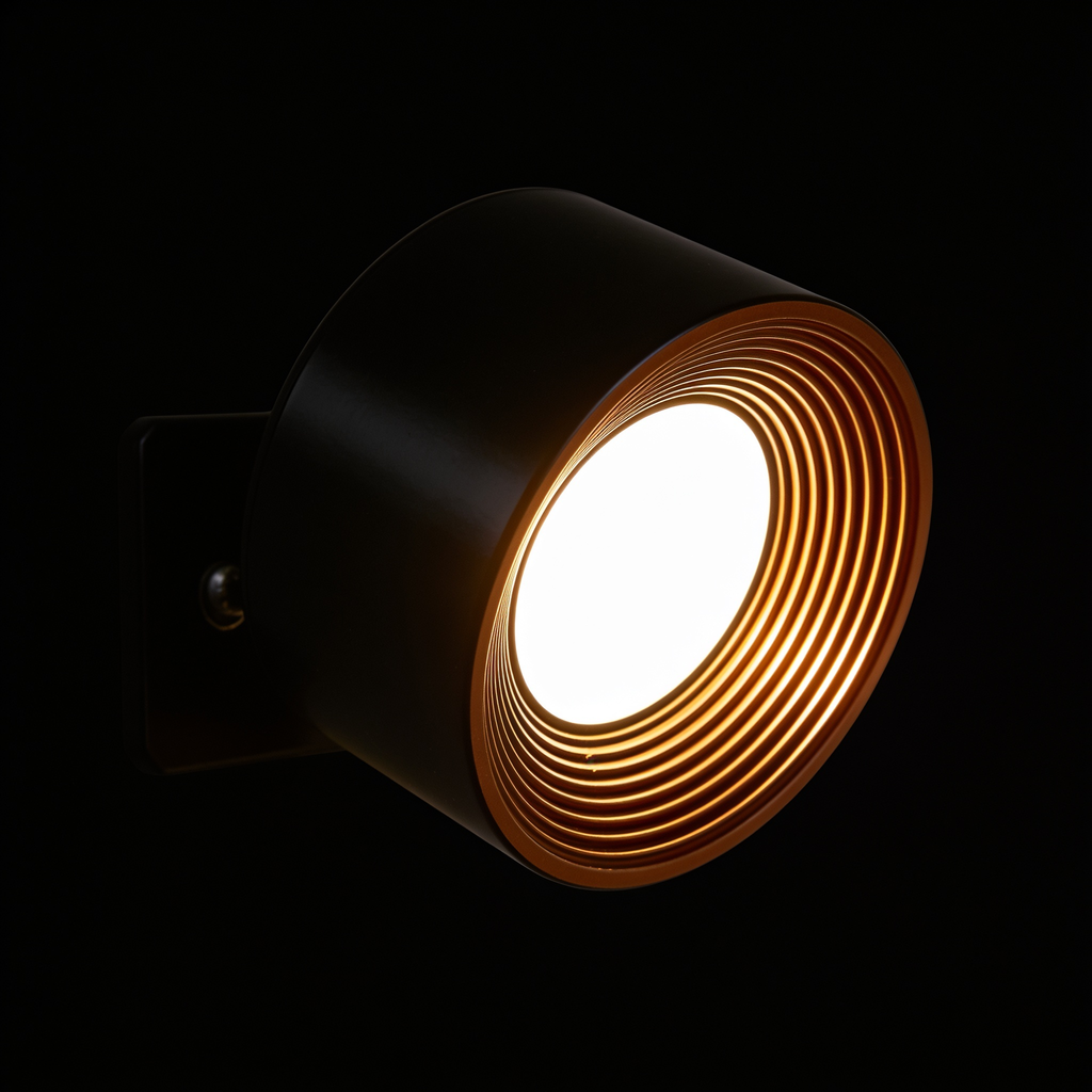 The Arc battery operated reading wall light on a plain black background, showing its drum body, wall plate and warm-lit diffuser ringed by bronze-gold fins