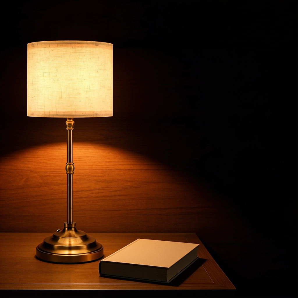 The Linen rechargeable table lamp on a dark wooden bedside table at night, its linen drum shade casting a warm pool of light
