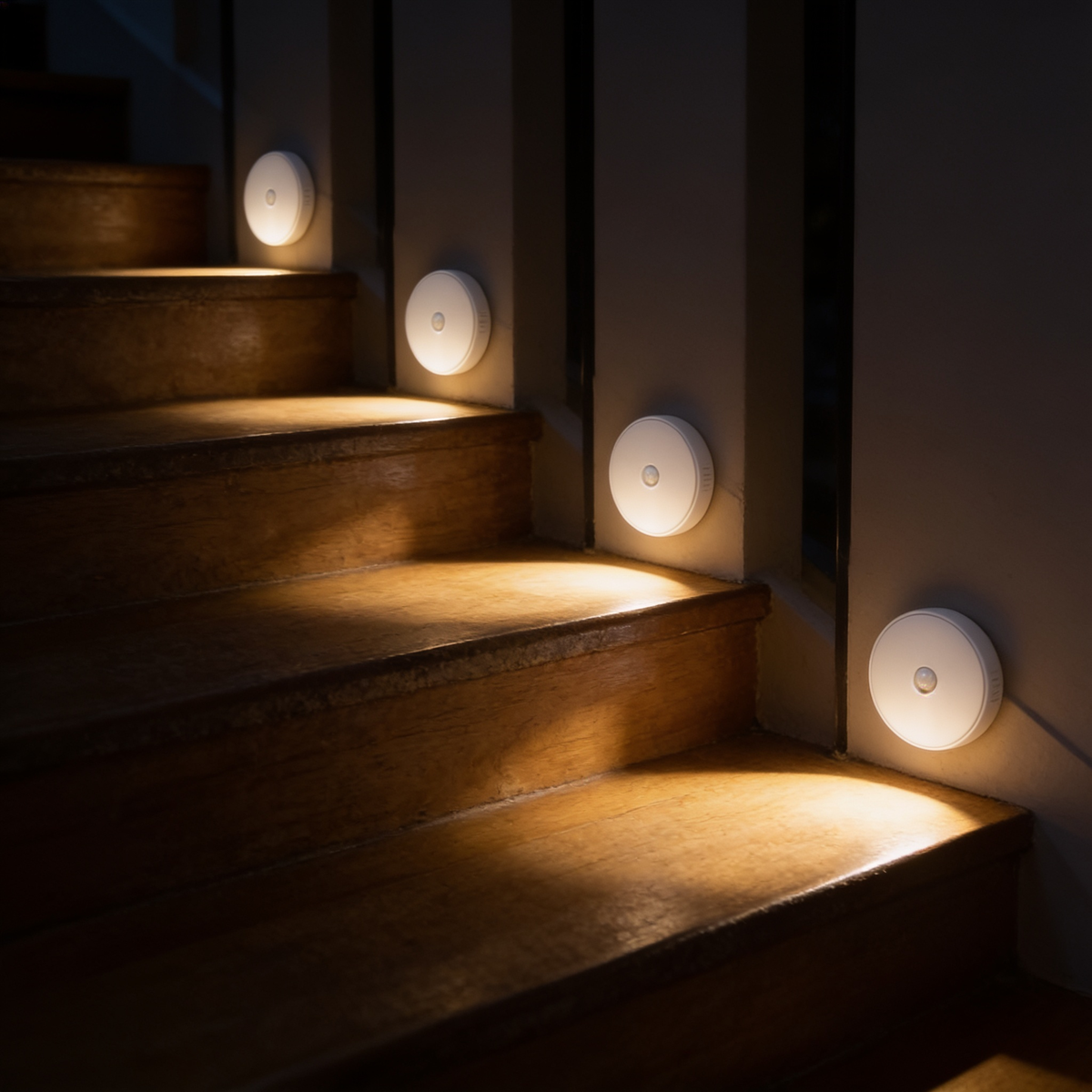 Tread motion sensor stair lights fixed one per riser down a staircase at night, each laying a warm pool of light across the tread below