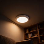 The Orbit motion sensor ceiling light sitting flush against a living room ceiling, washing warm light down the wall onto a bookshelf and sofa
