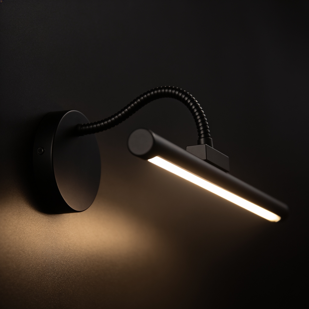 Close detail of the Pivot picture light's round wall mount and flexible gooseneck arm