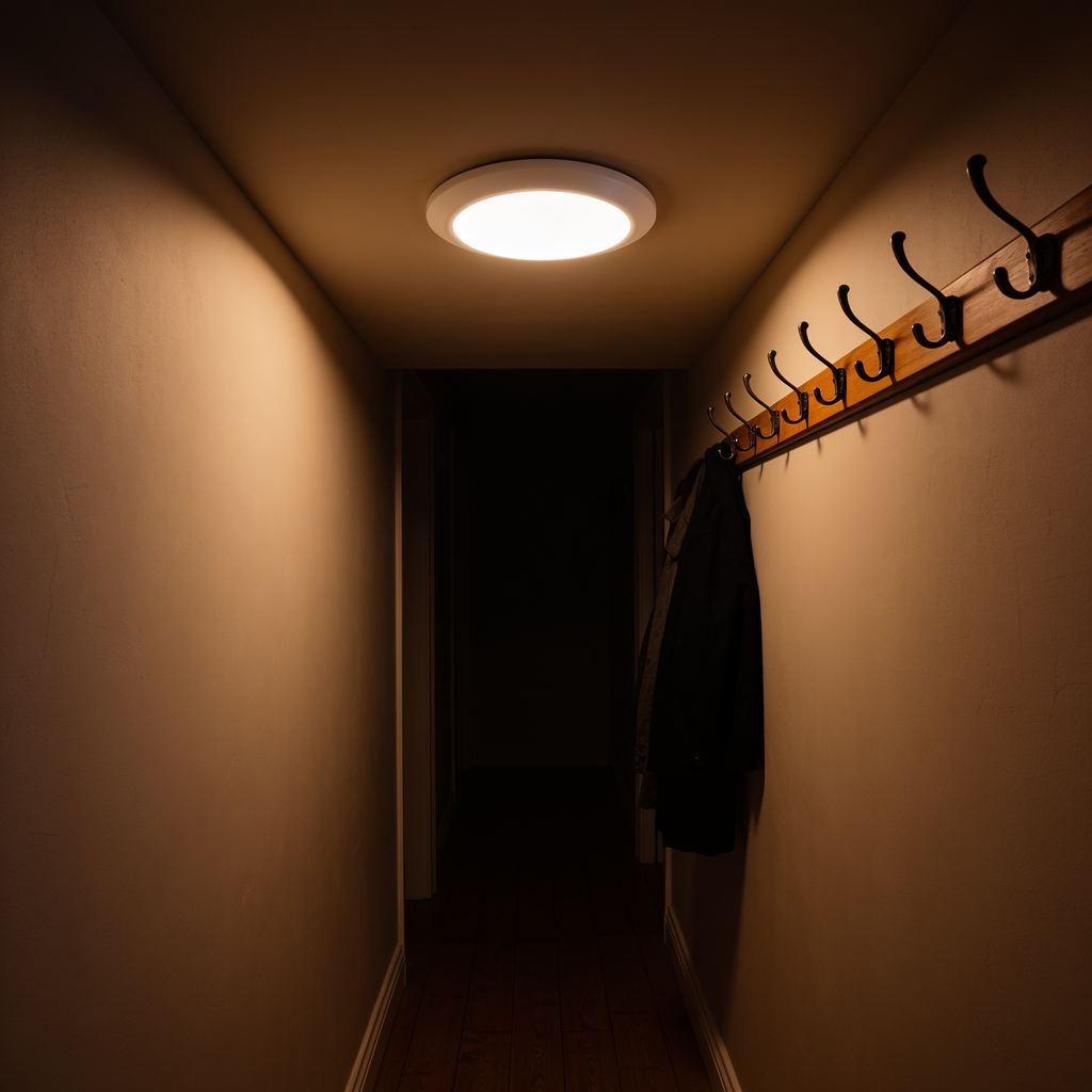 The Orbit ceiling light on a hallway ceiling, lighting the walls, floorboards and coat hooks below