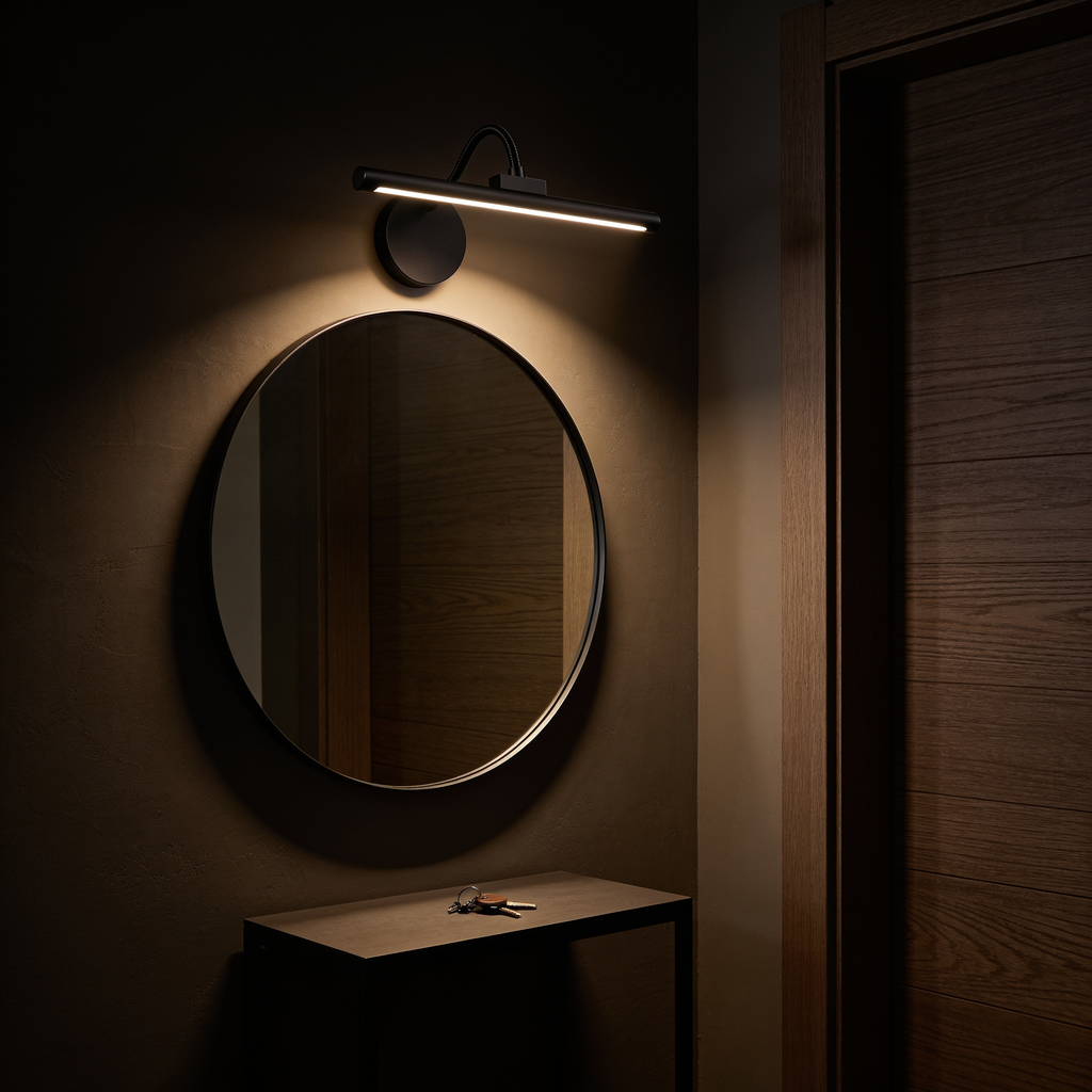 The Pivot picture light above a round hallway mirror, lighting the glass and the console table below