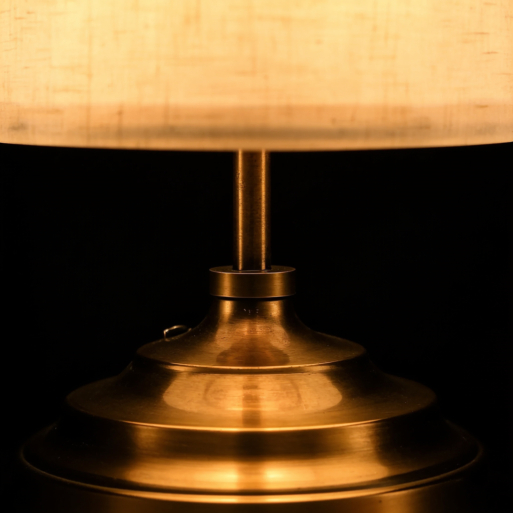Close detail of the Linen table lamp's stepped brushed brass base