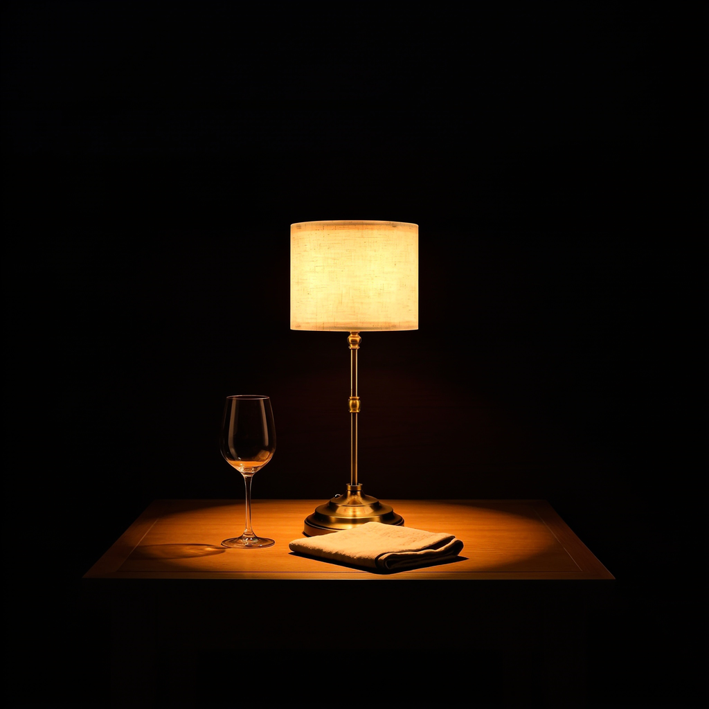 The Linen table lamp on a dining table at night beside a wine glass and folded napkin