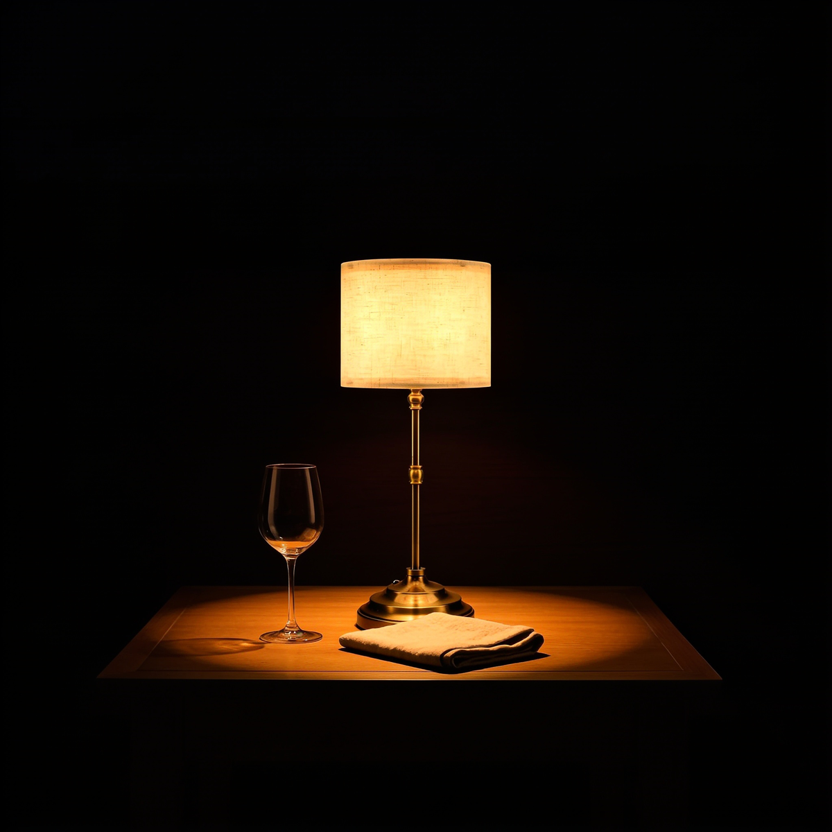 The Linen table lamp on a dining table at night beside a wine glass and folded napkin