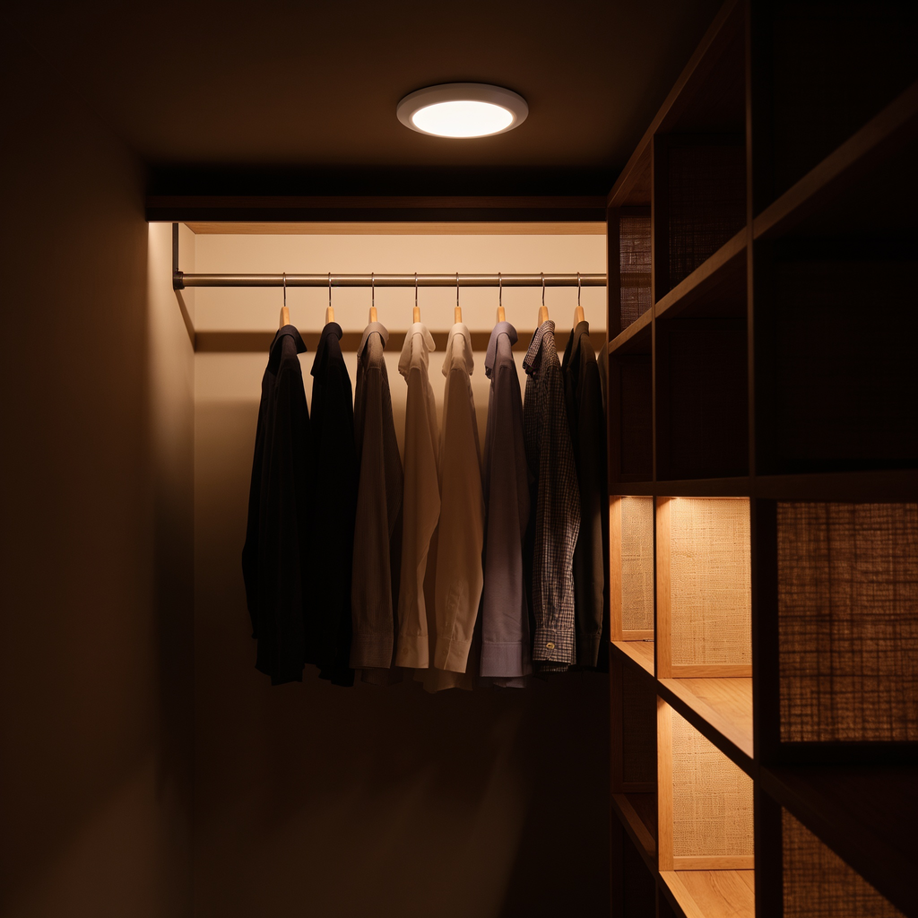 The Orbit ceiling light in a walk-in wardrobe, lighting a hanging rail of shirts and timber shelving