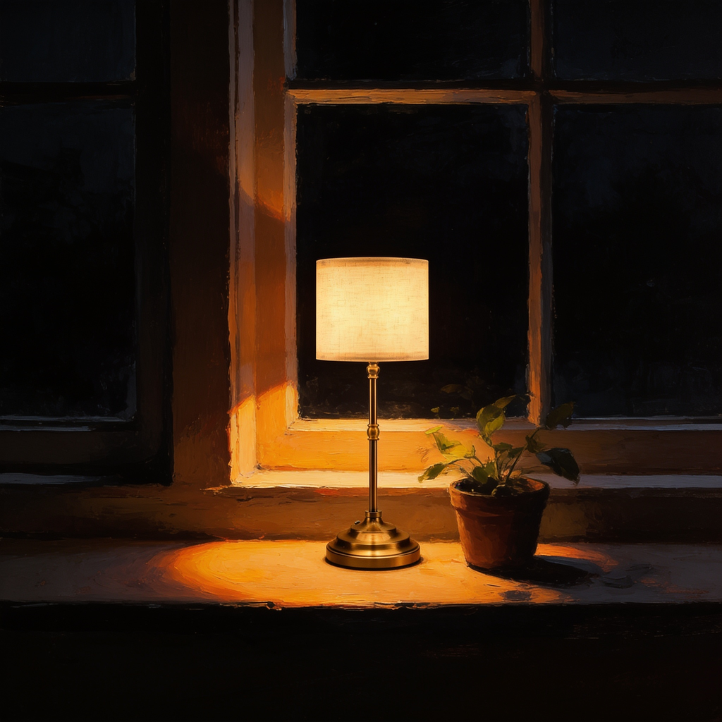 The Linen table lamp on a painted windowsill at night beside a potted plant