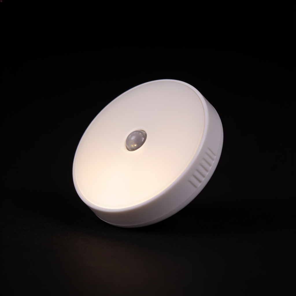 Close detail of a single Tread puck light showing its white face and infrared sensor bead