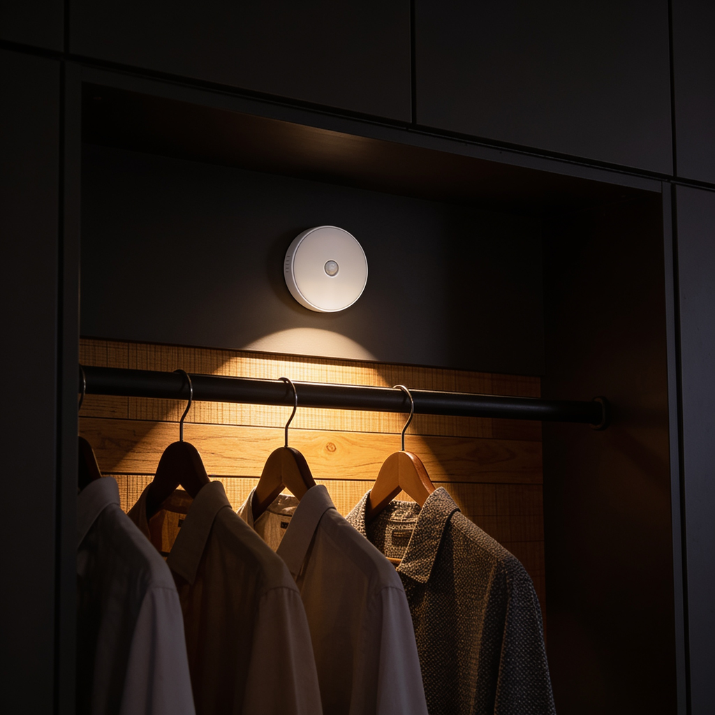 Tread puck lights inside a fitted wardrobe, lighting hanging shirts and the timber back panel