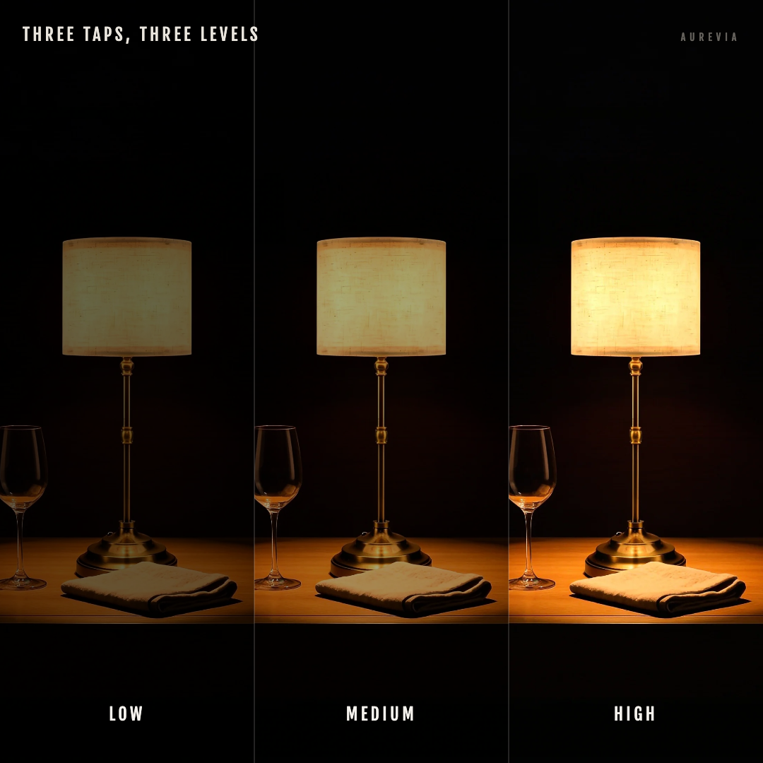 The Linen table lamp shown three times side by side at its low, medium and high touch settings