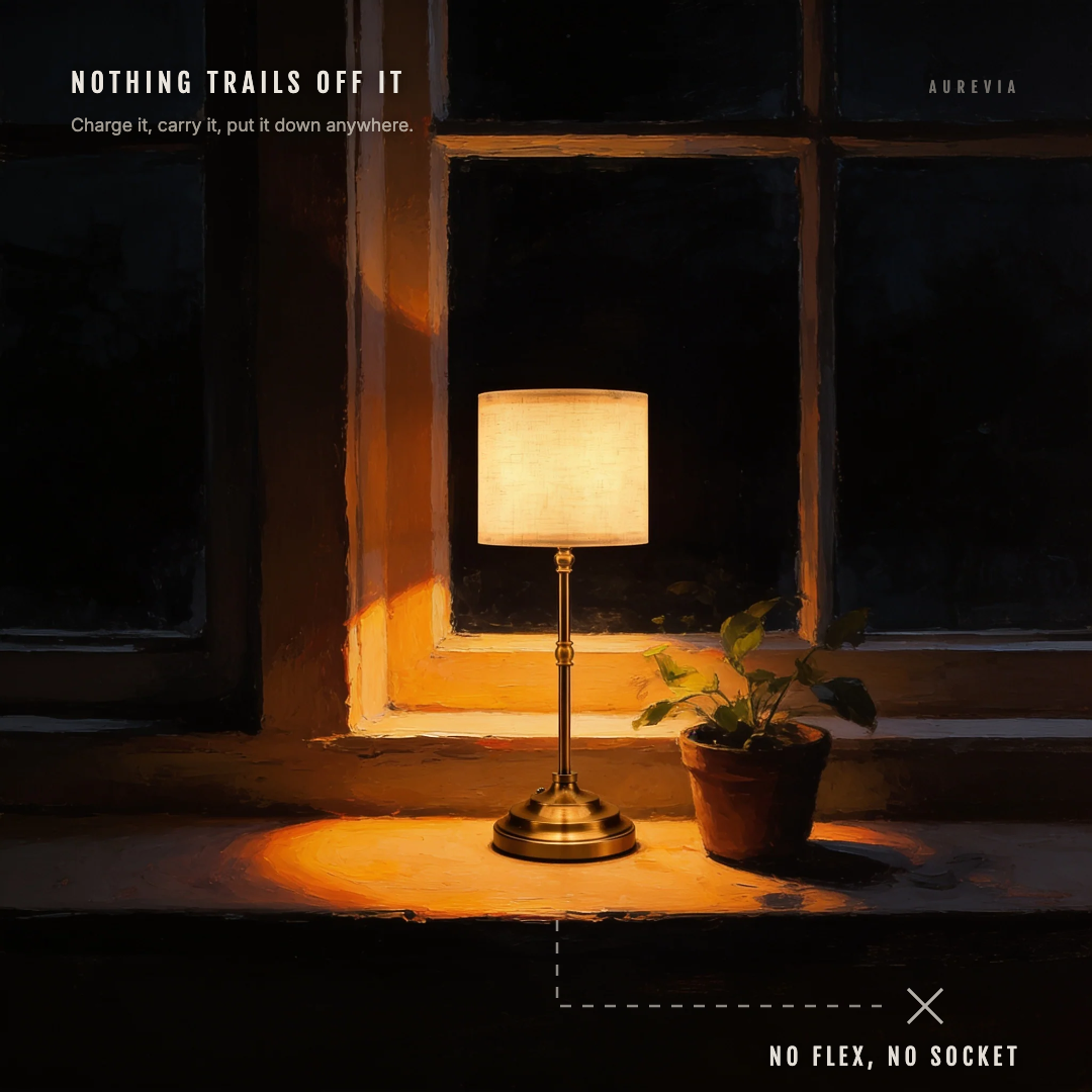 The Linen table lamp on a windowsill with a crossed-out dashed line marking the absent mains flex