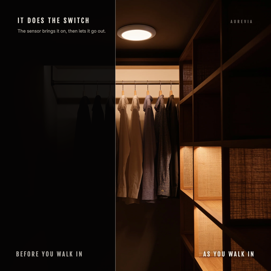 A walk-in wardrobe split down the middle, dark before you enter and lit by the Orbit ceiling light as you walk in