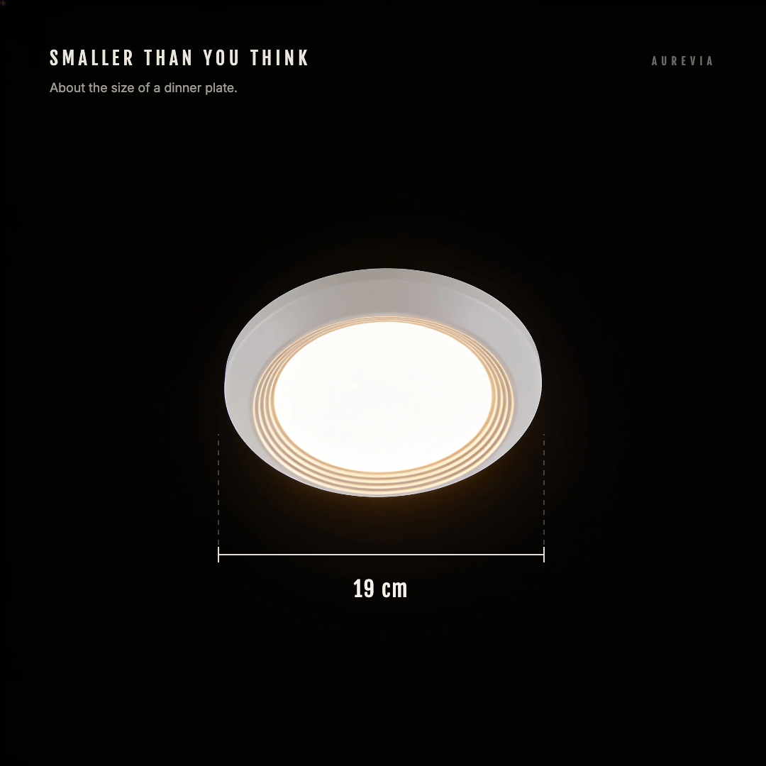 The Orbit ceiling light with a dimension line showing it is 19 cm across