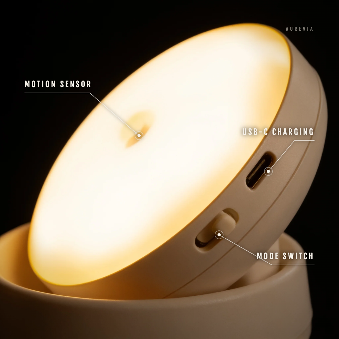 Labelled diagram of the Pebble night light showing the motion sensor, USB-C charging port and mode switch