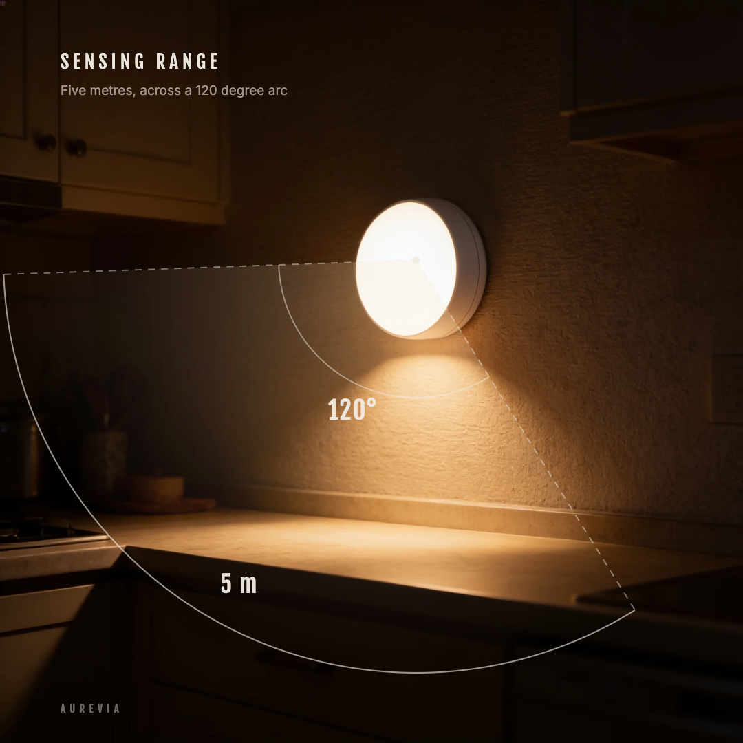 Diagram showing the Pebble night light's 120 degree sensing arc reaching five metres across a kitchen
