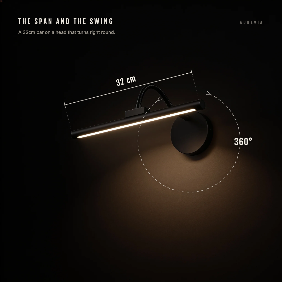 The Pivot picture light with a 32cm dimension across the bar and an arc showing the head turning through 360 degrees