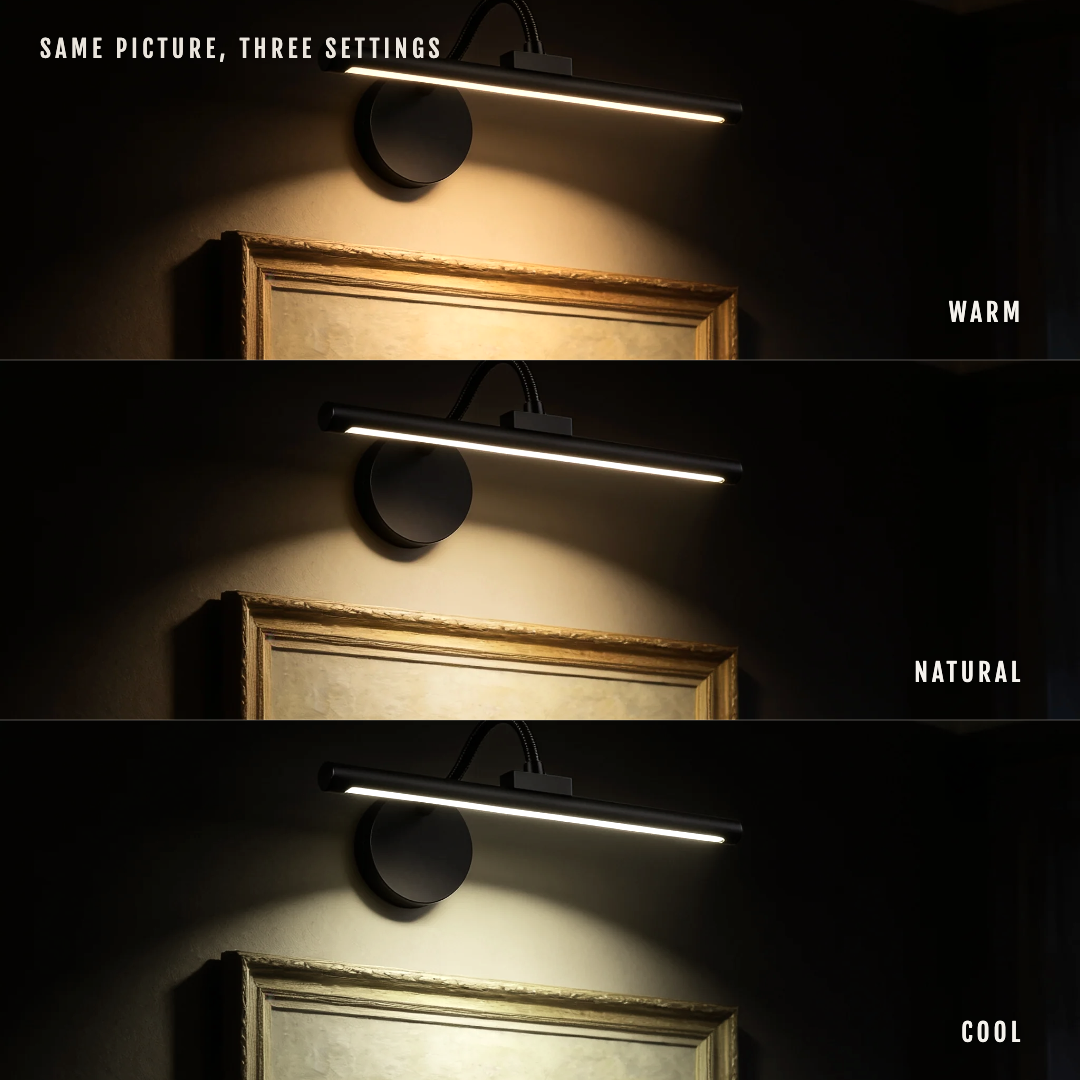 The same framed painting lit by the Pivot picture light in warm, natural and cool settings