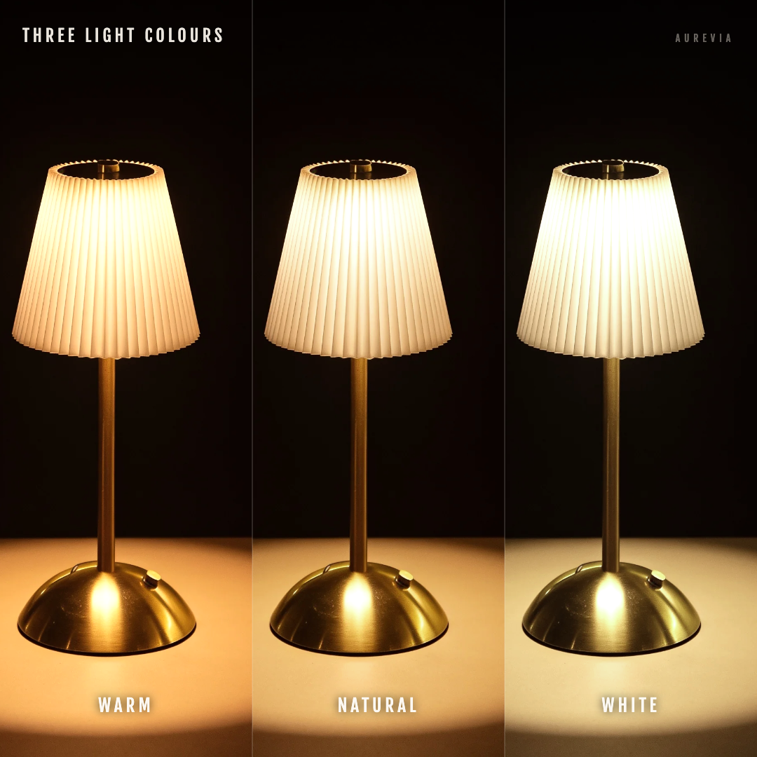 The Pleat lamp shown three times side by side in warm, natural and white light