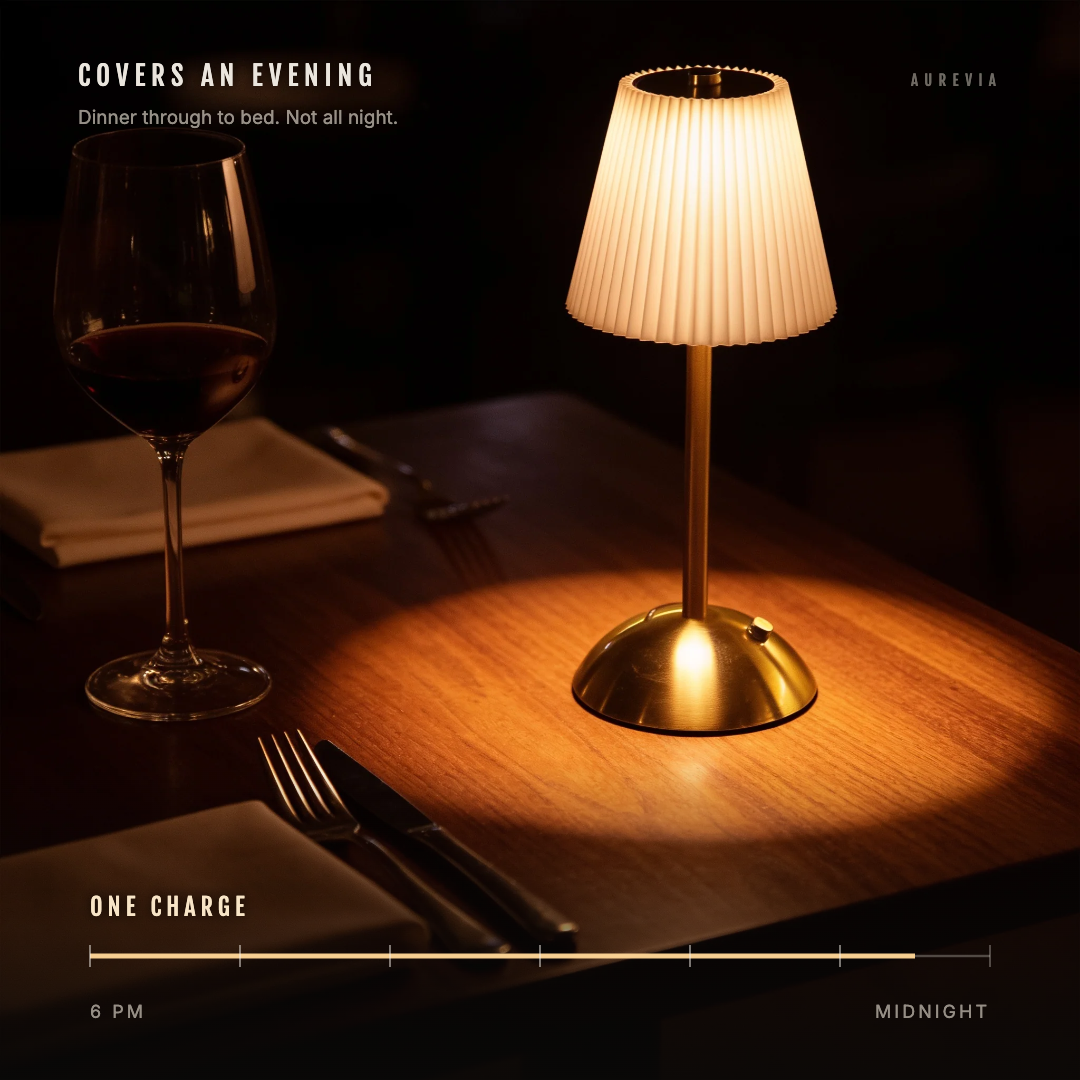 The Pleat lamp on a dining table with a timeline showing one charge running from six in the evening to late night