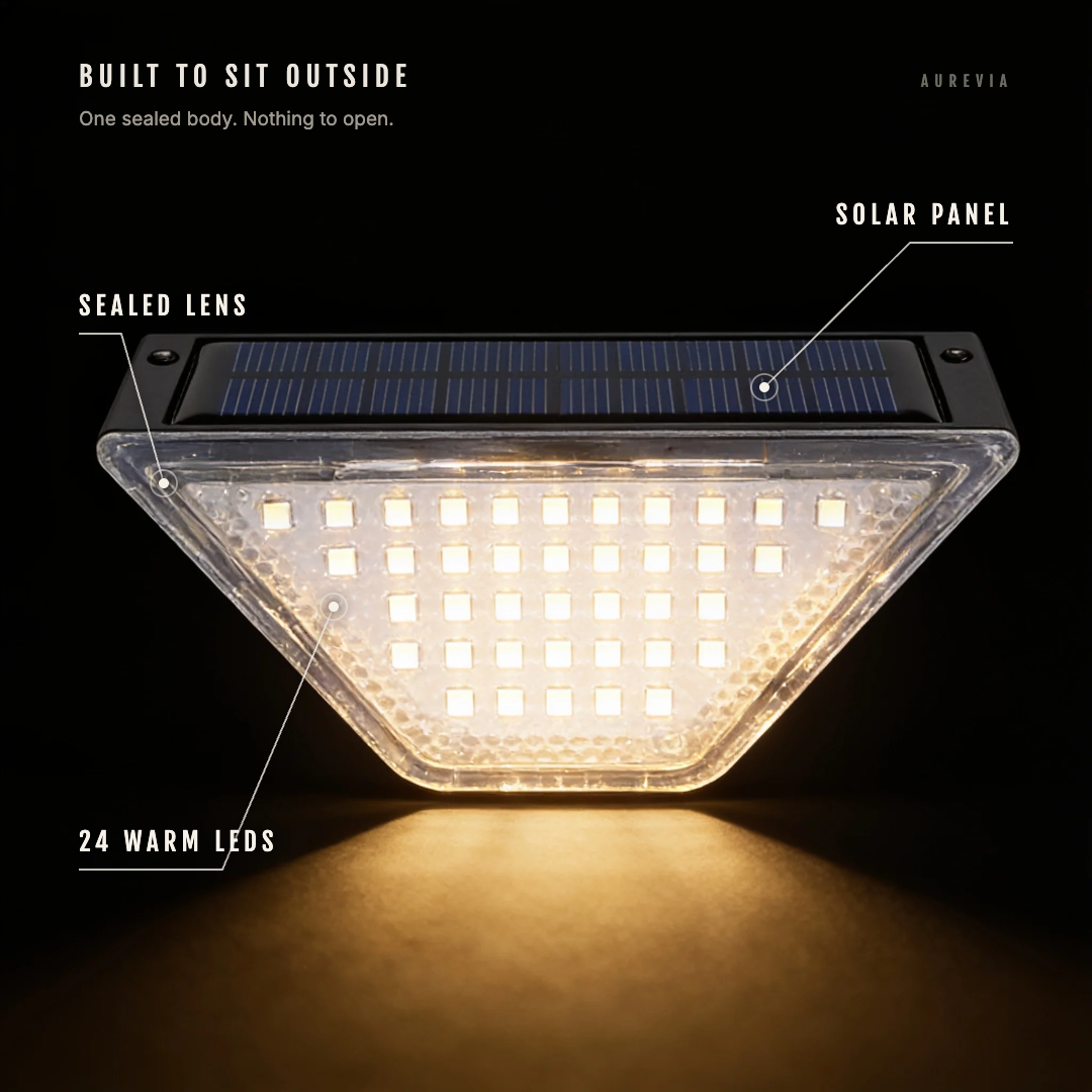 The Riser step light with its solar panel, sealed lens and 24 warm LEDs labelled