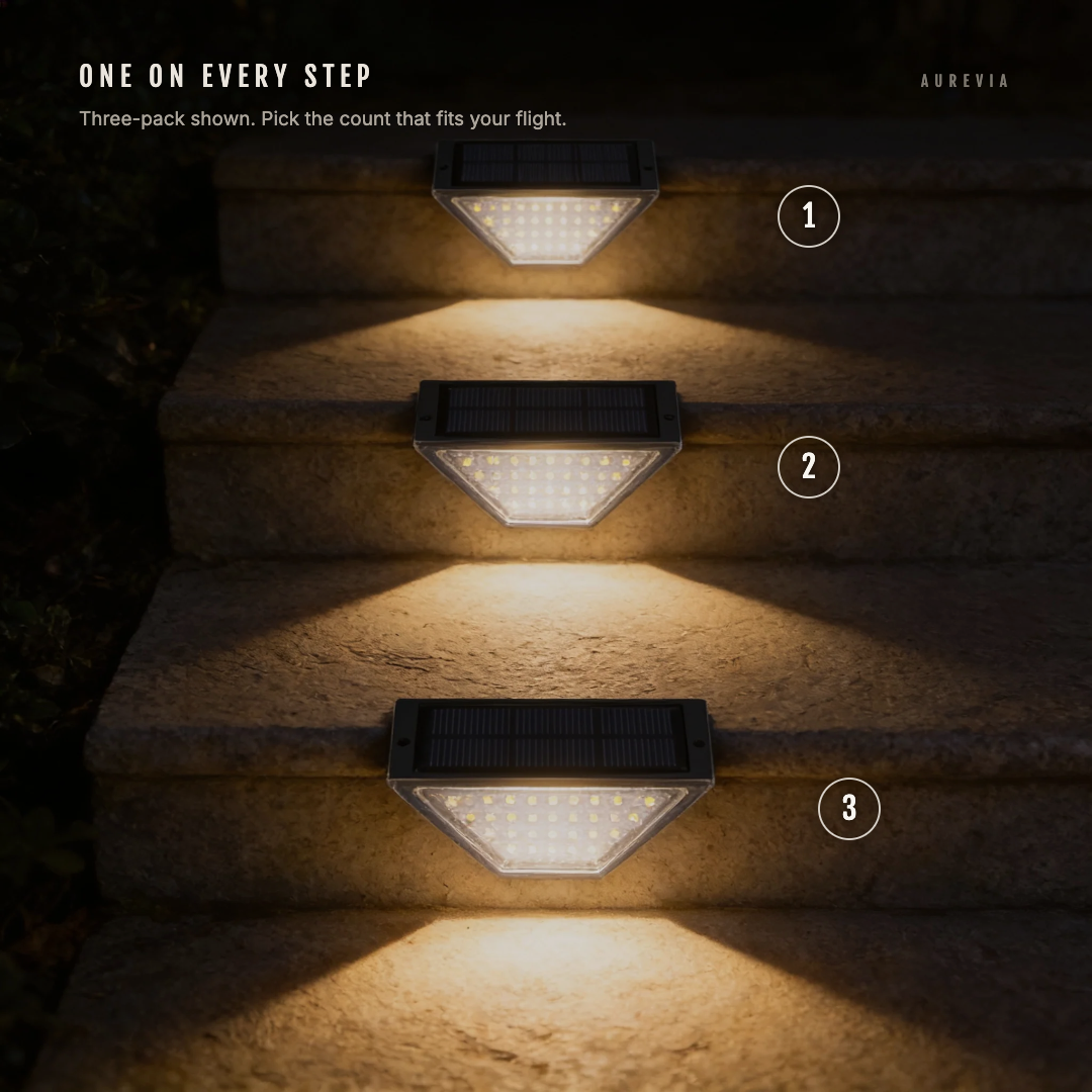 Three Riser step lights numbered one to three on consecutive stone steps, each lighting the tread below it