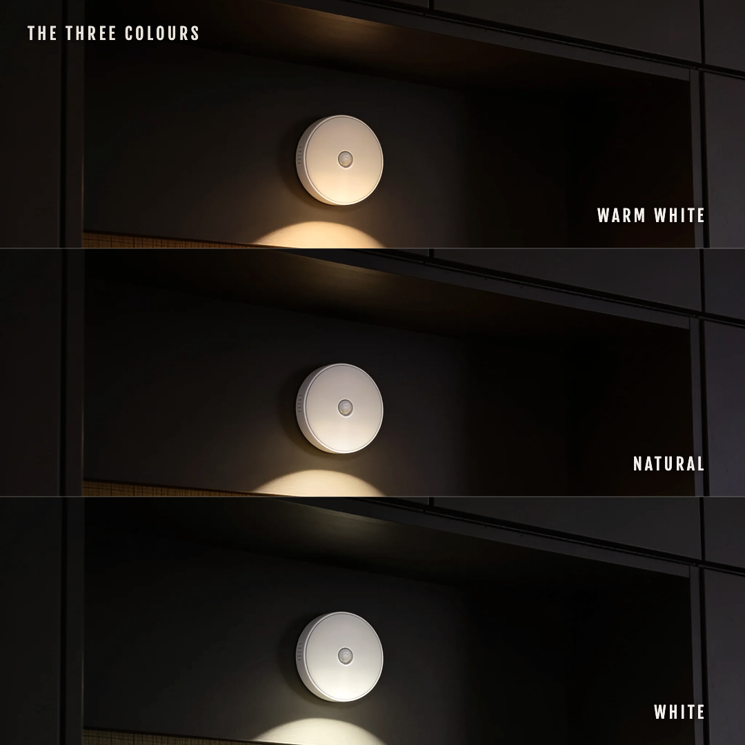 A Tread light in a wardrobe shown in warm white, natural and white settings